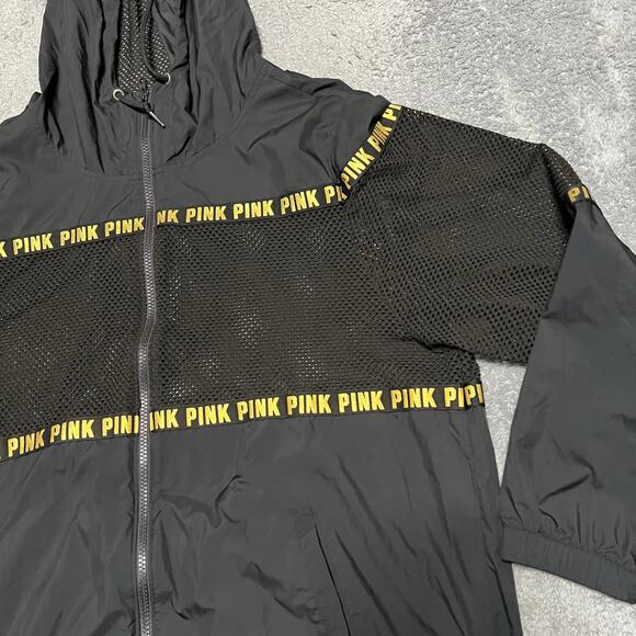 Pink By VS Jacket Womens Medium Full Zip Black Hooded Windbreaker Mesh Jacket - Picture 2 of 8